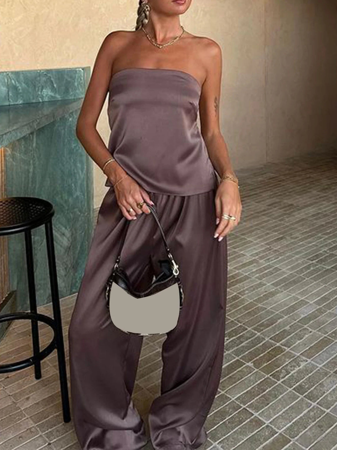 Brynn Satin Off-shoulder Top & Pants Set